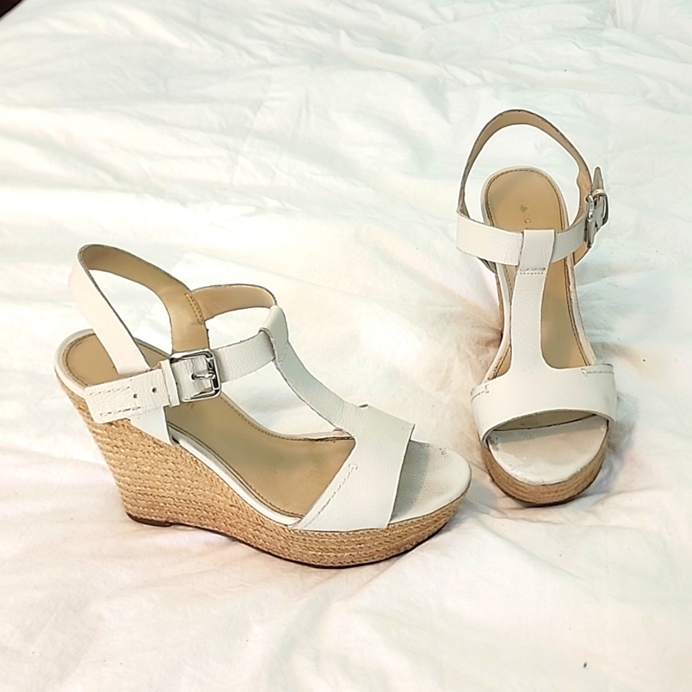 8.5 platform white leather buckle wedge Espadrille heel 5 in - 1 in platform